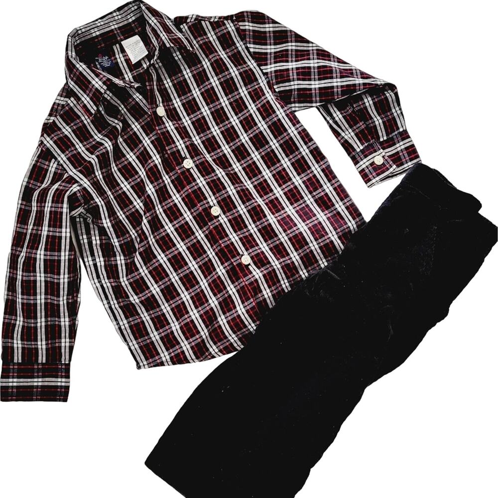 2T Class Club plaid shirt and black corduroy pants